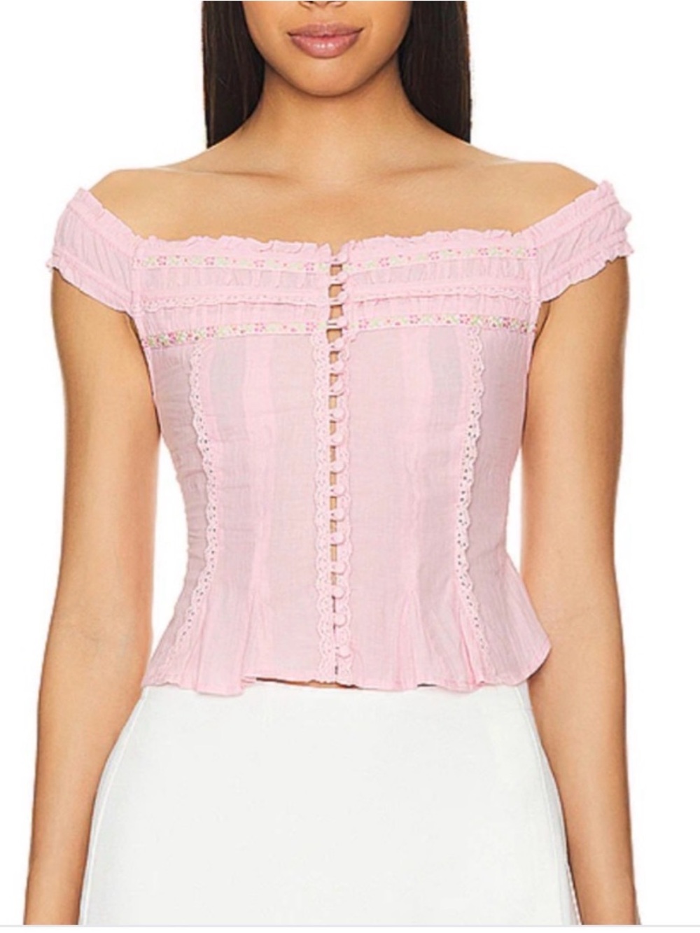 NWT Free People Sweet as Pie Off-Shoulder Pink Button-Front Women's Top M - Picture 3 of 6